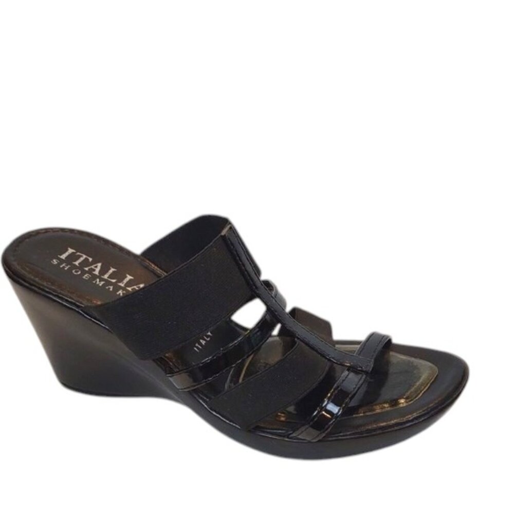 Italian Shoemakers "Semplicity" Black Patent Slip-On Strappy Vamp Wedge Heels
